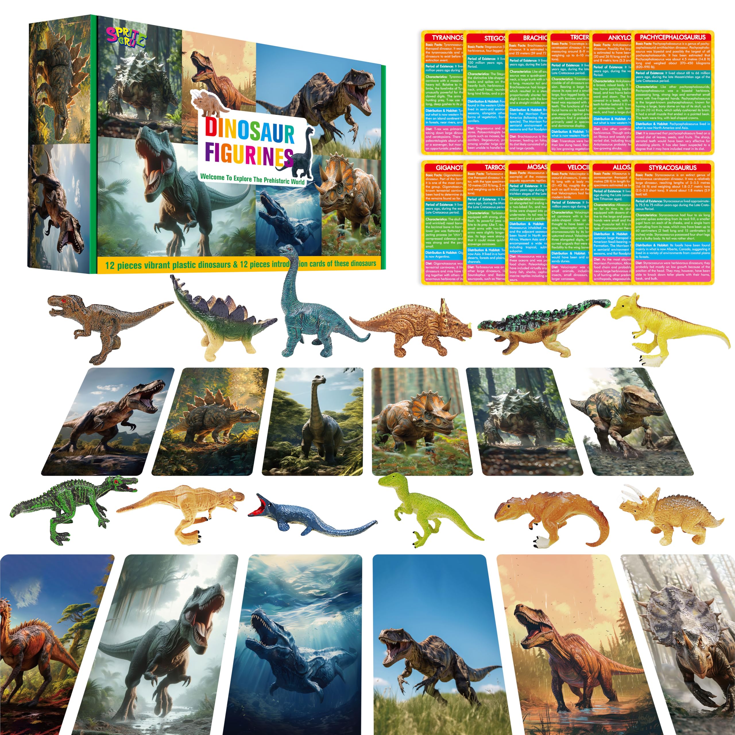 SpriteGru 12-Piece Dinosaur Figurines with Matching Flashcards – Montessori Learning Toy for Toddlers