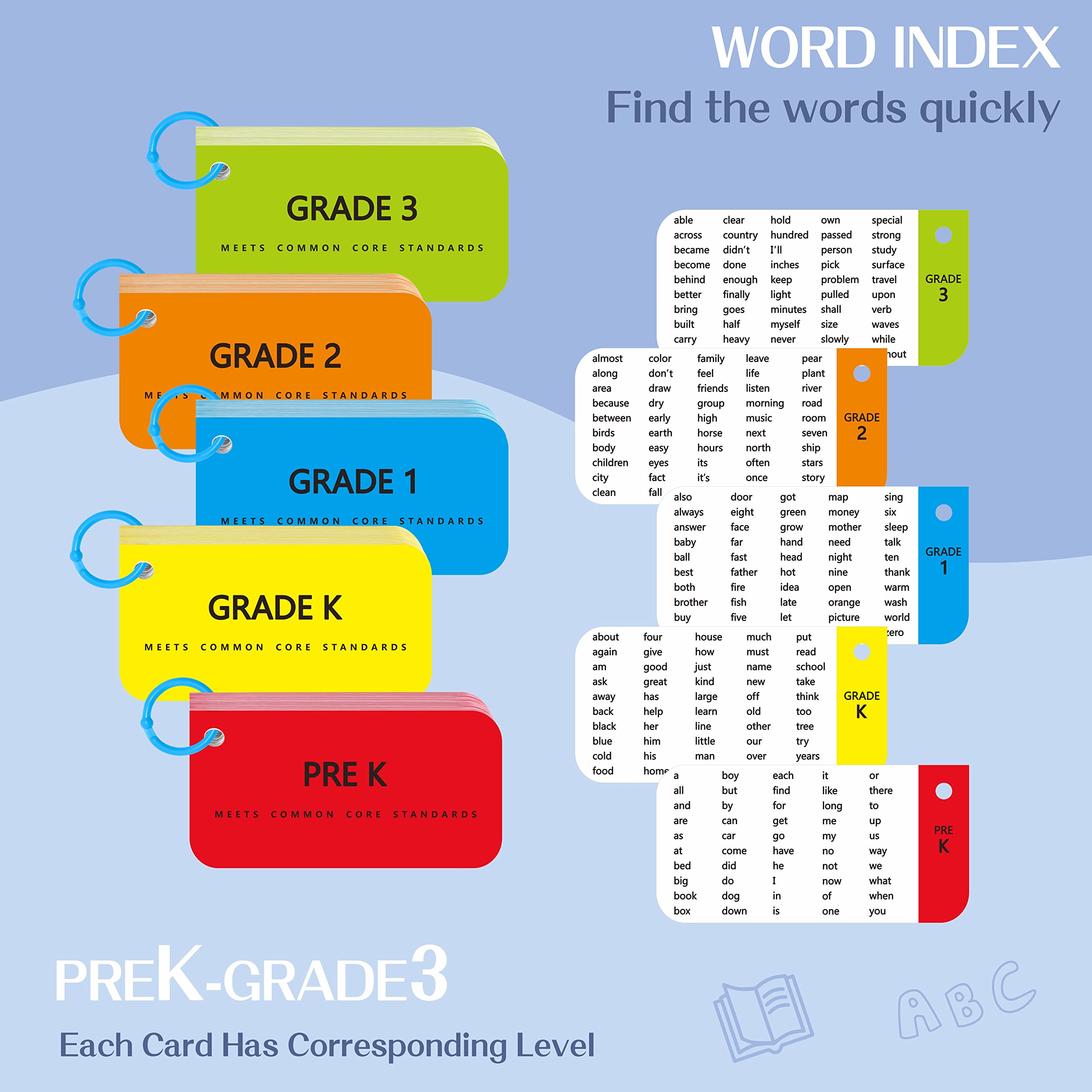 SpriteGru 305 Sight Words Flash Cards - Dolch & Fry with Sentences, 50 Blanks, Rings & Index Cards for Preschool to 3rd Grade
