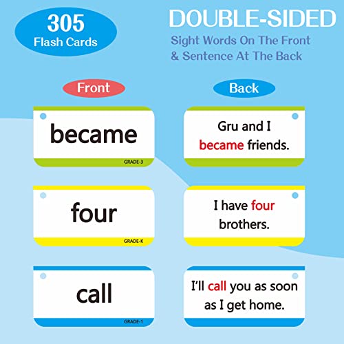 SpriteGru 305 Sight Words Flash Cards - Dolch & Fry with Sentences, 50 Blanks, Rings & Index Cards for Preschool to 3rd Grade