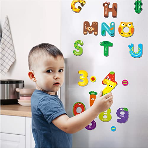 SpriteGru 39-Piece Magnetic Uppercase Letters and Numbers Set with Animal Illustrations for Toddlers 3+