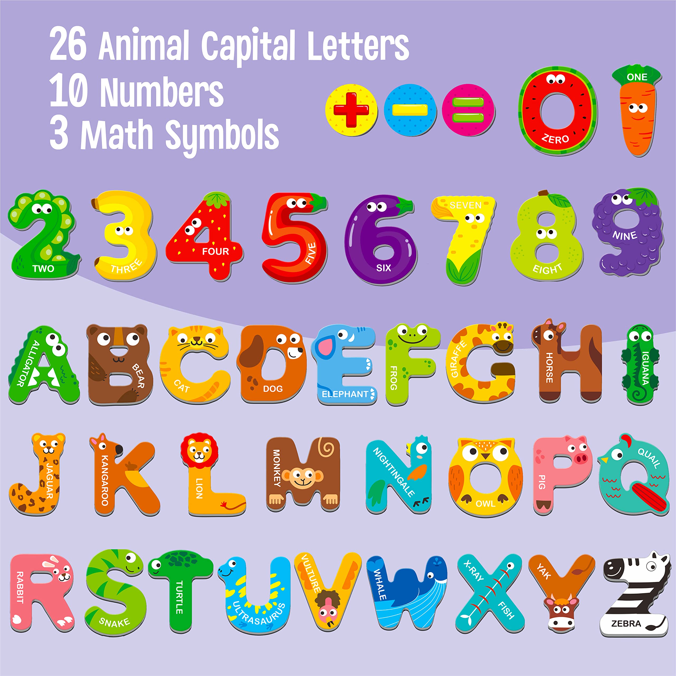 SpriteGru 39-Piece Magnetic Uppercase Letters and Numbers Set with Animal Illustrations for Toddlers 3+