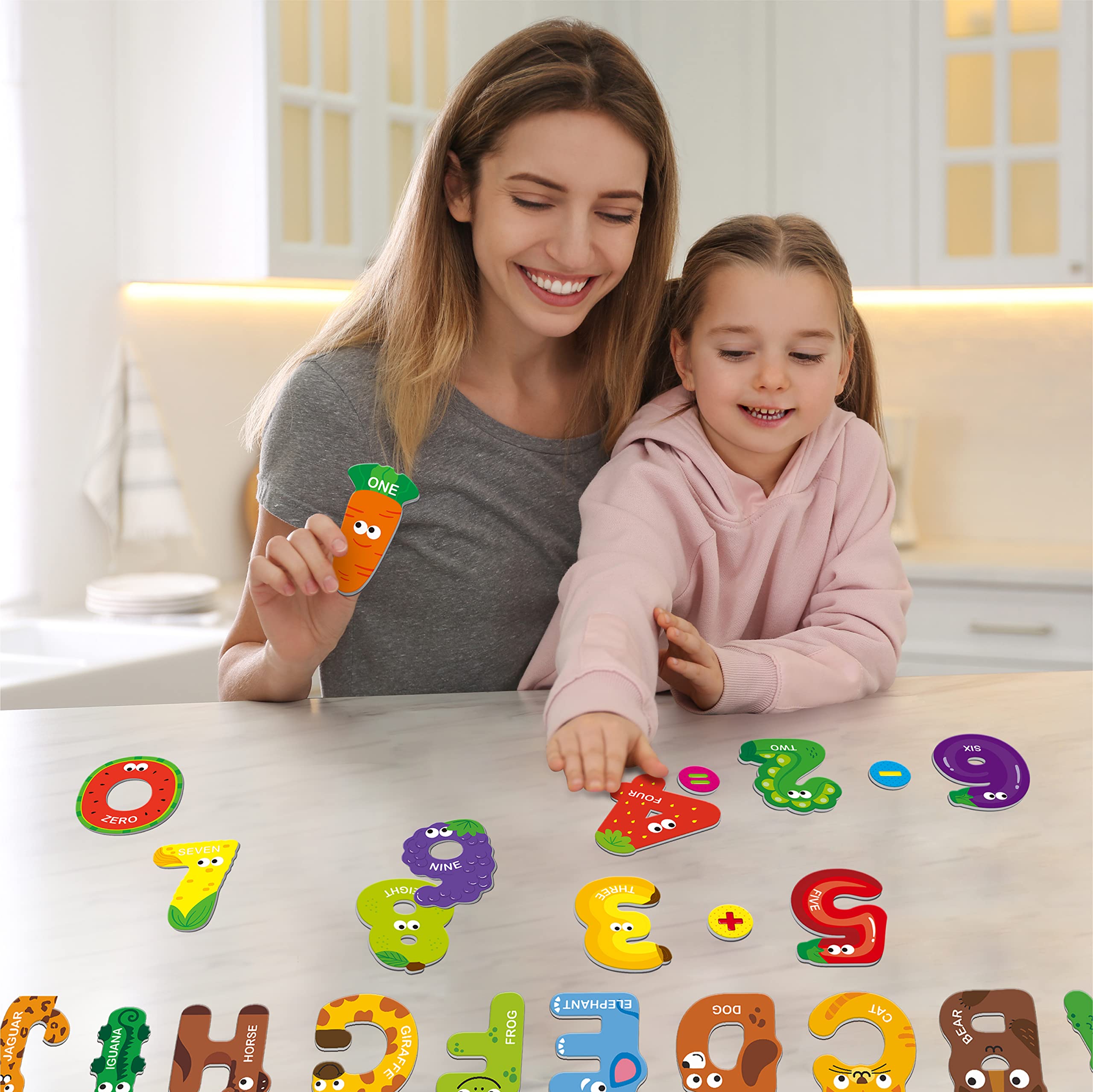 SpriteGru 39-Piece Magnetic Uppercase Letters and Numbers Set with Animal Illustrations for Toddlers 3+
