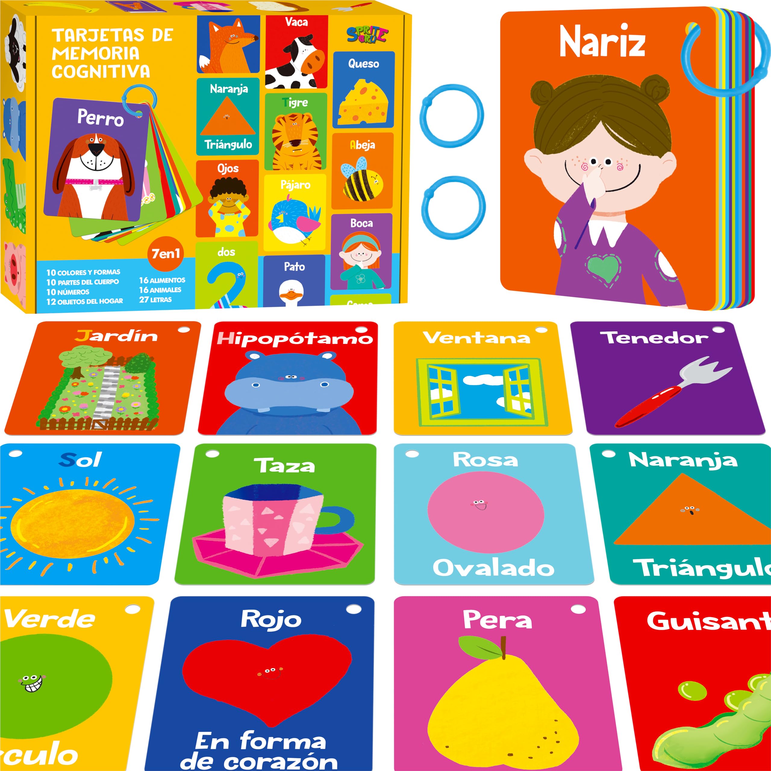 SpriteGru 51-Card Spanish Flashcard Set for Toddlers: Letters, Numbers, Colors, Shapes, Animals, Foods & Body Parts with Rings