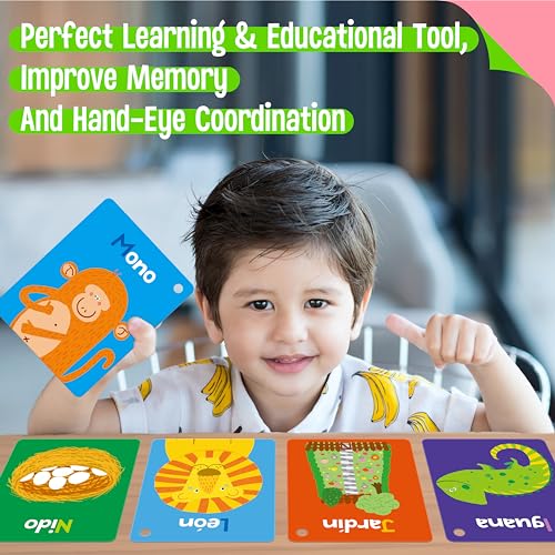 SpriteGru 51-Card Spanish Flashcard Set for Toddlers: Letters, Numbers, Colors, Shapes, Animals, Foods & Body Parts with Rings