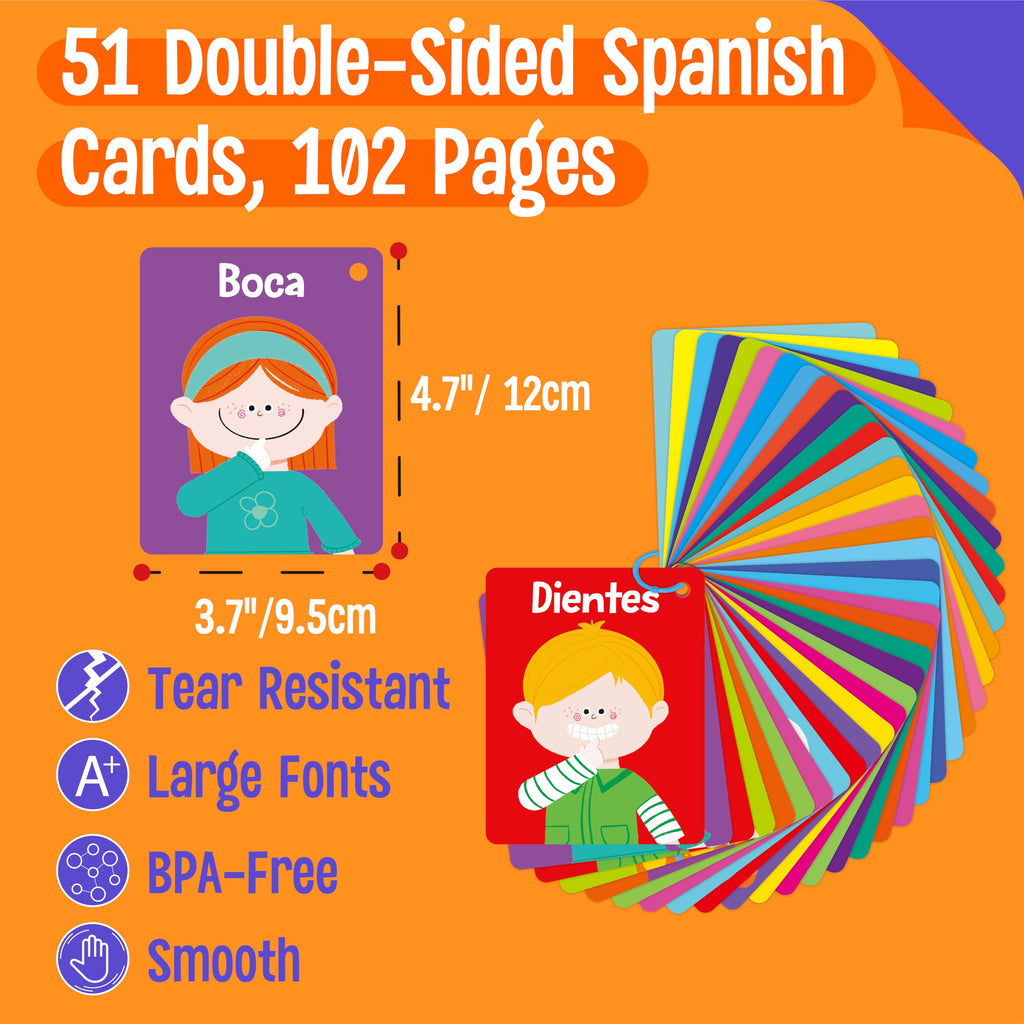 SpriteGru 51-Card Spanish Flashcard Set for Toddlers: Letters, Numbers, Colors, Shapes, Animals, Foods & Body Parts with Rings