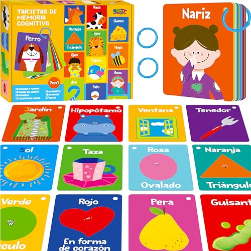 SpriteGru 51-Card Spanish Flashcard Set for Toddlers: Letters, Numbers, Colors, Shapes, Animals, Foods & Body Parts with Rings