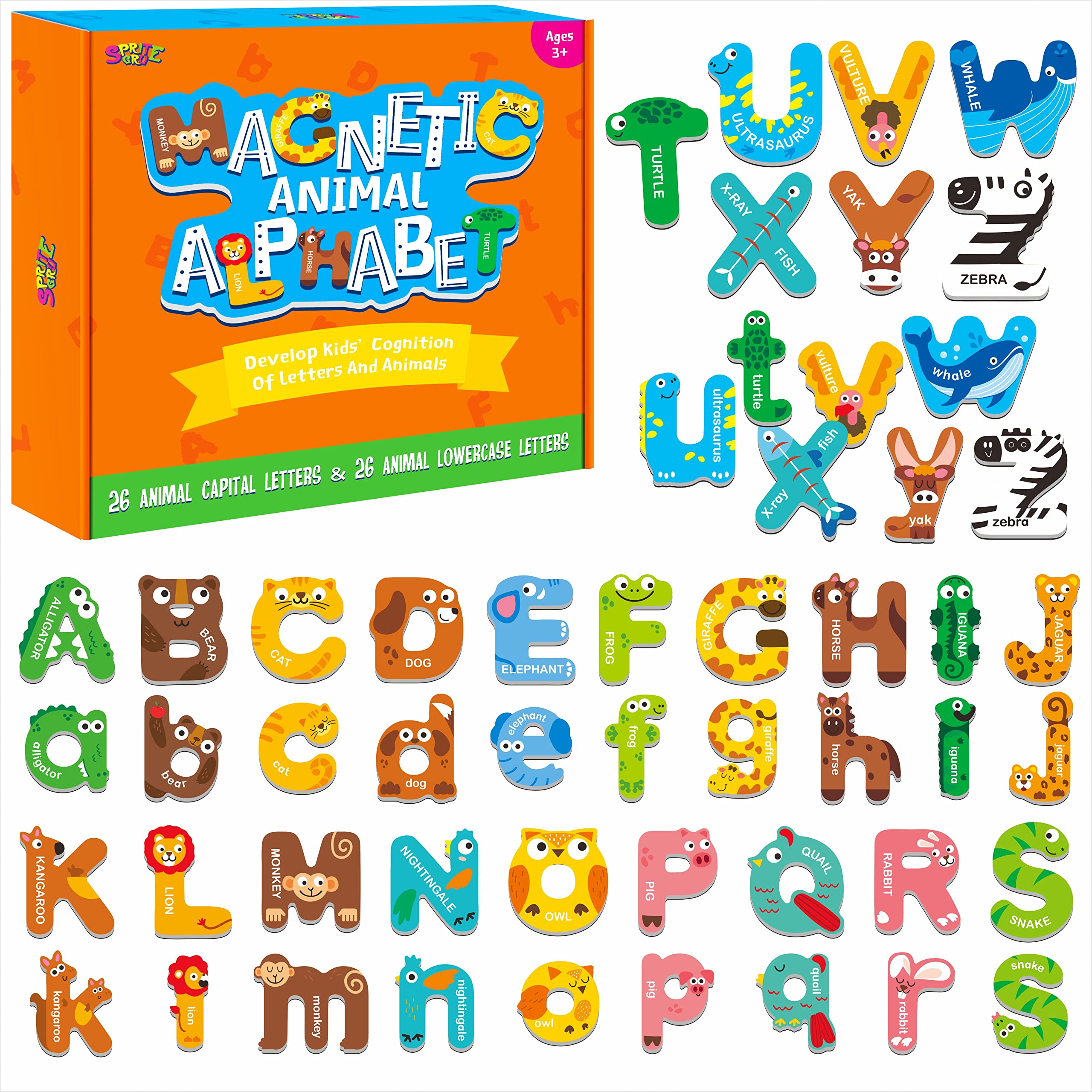 SpriteGru 52 Magnetic Letters: Uppercase & Lowercase Animal ABC Magnets for Kids Ages 3-5