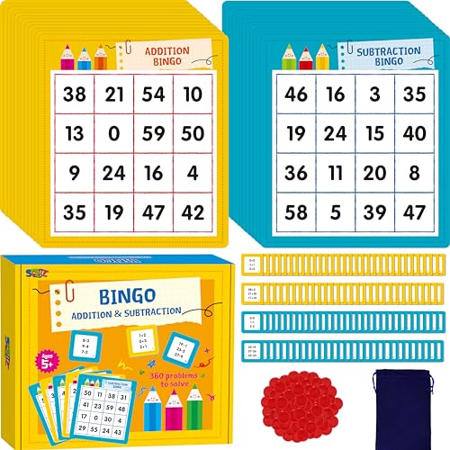 SpriteGru Addition & Subtraction Bingo Game – 360 Math Problems for Kids Ages 4-8, Classroom & Home