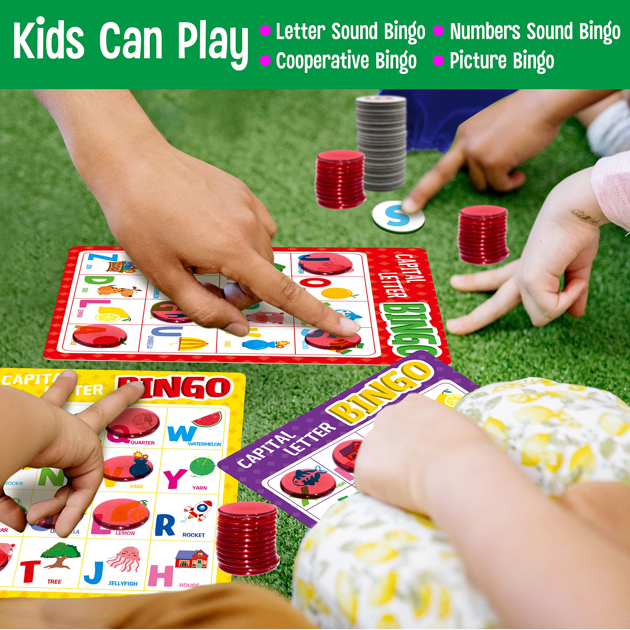 SpriteGru Alphabet Bingo Game – ABC & 123 Bingo for Kids 4-8, 12 Players, with Double-Sided Boards and Chips