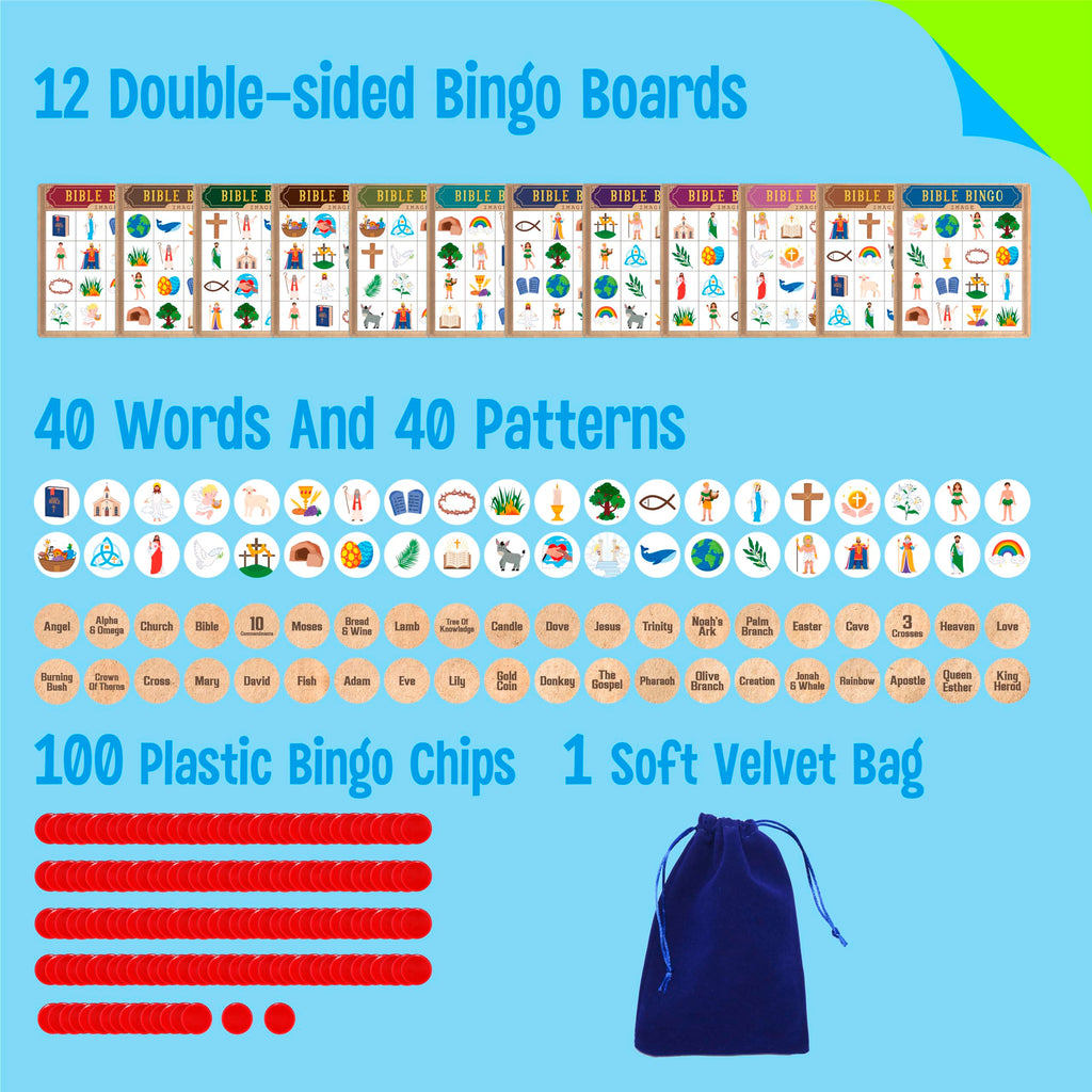 SpriteGru Bible Bingo Game – 12 Double-Sided Boards, 40 Calling Tokens, 100 Chips, for Sunday School and Family Fun
