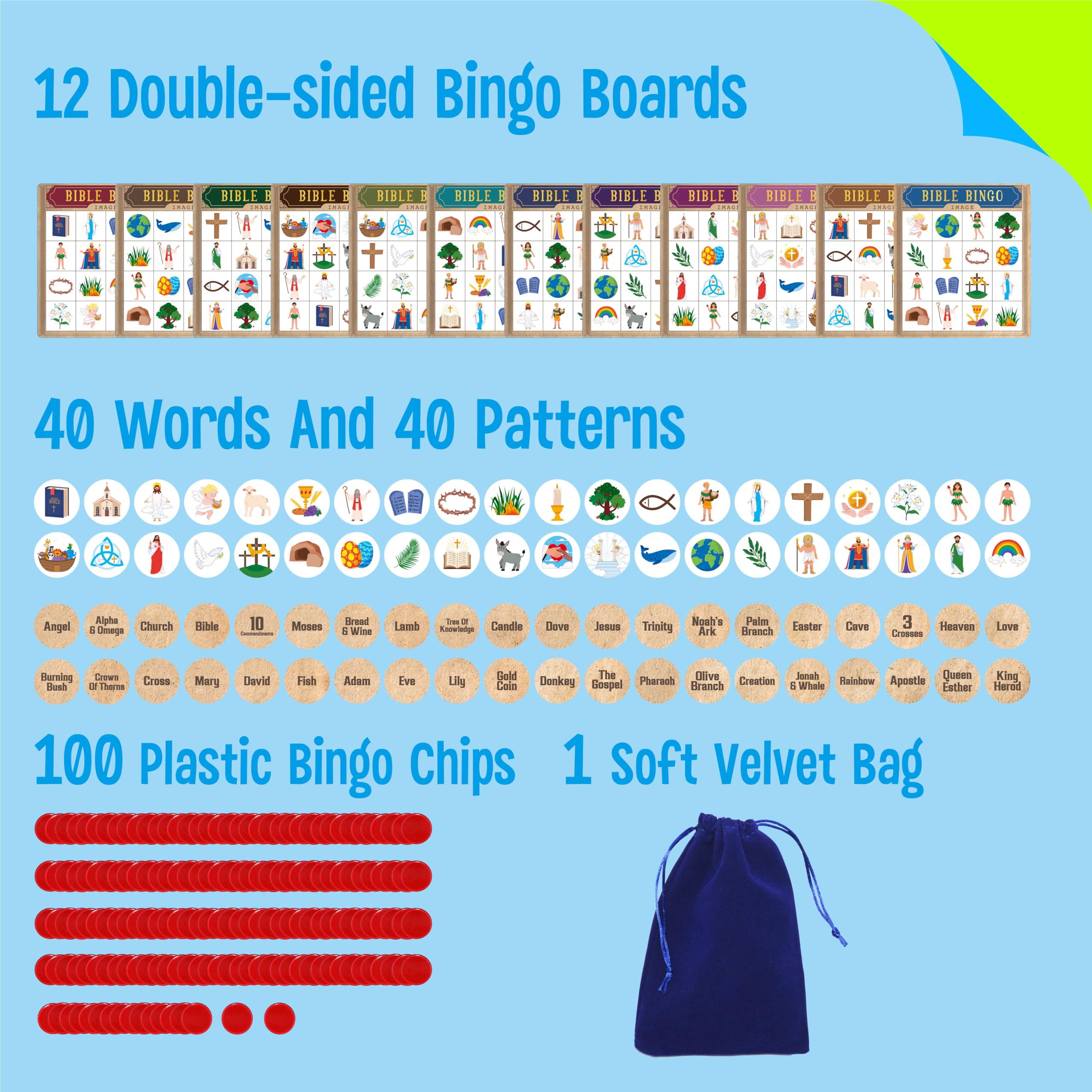 SpriteGru Bible Bingo Game – 12 Double-Sided Boards, 40 Calling Tokens, 100 Chips, for Sunday School and Family Fun