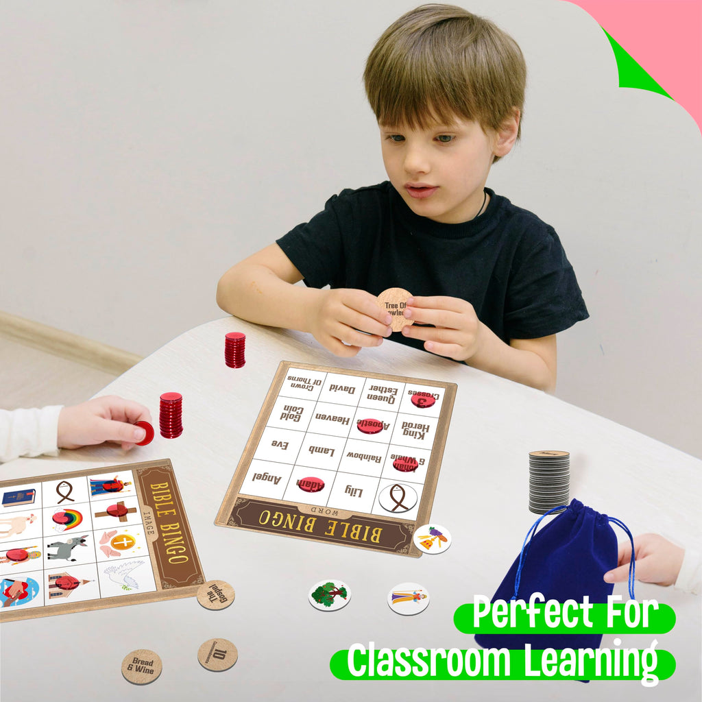SpriteGru Bible Bingo Game – 12 Double-Sided Boards, 40 Calling Tokens, 100 Chips, for Sunday School and Family Fun