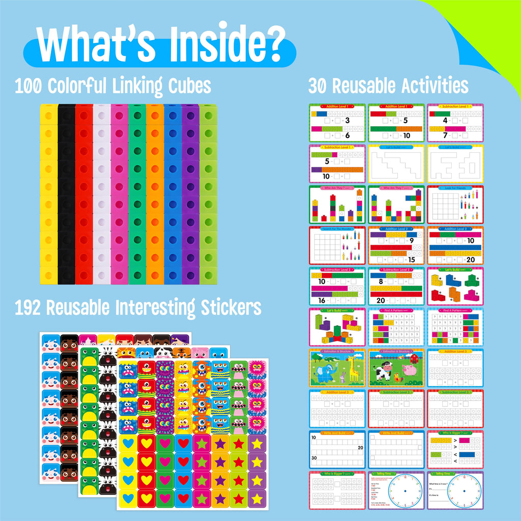 SpriteGru Math Linking Cubes – 100 Counting Blocks with Activity Cards & Stickers