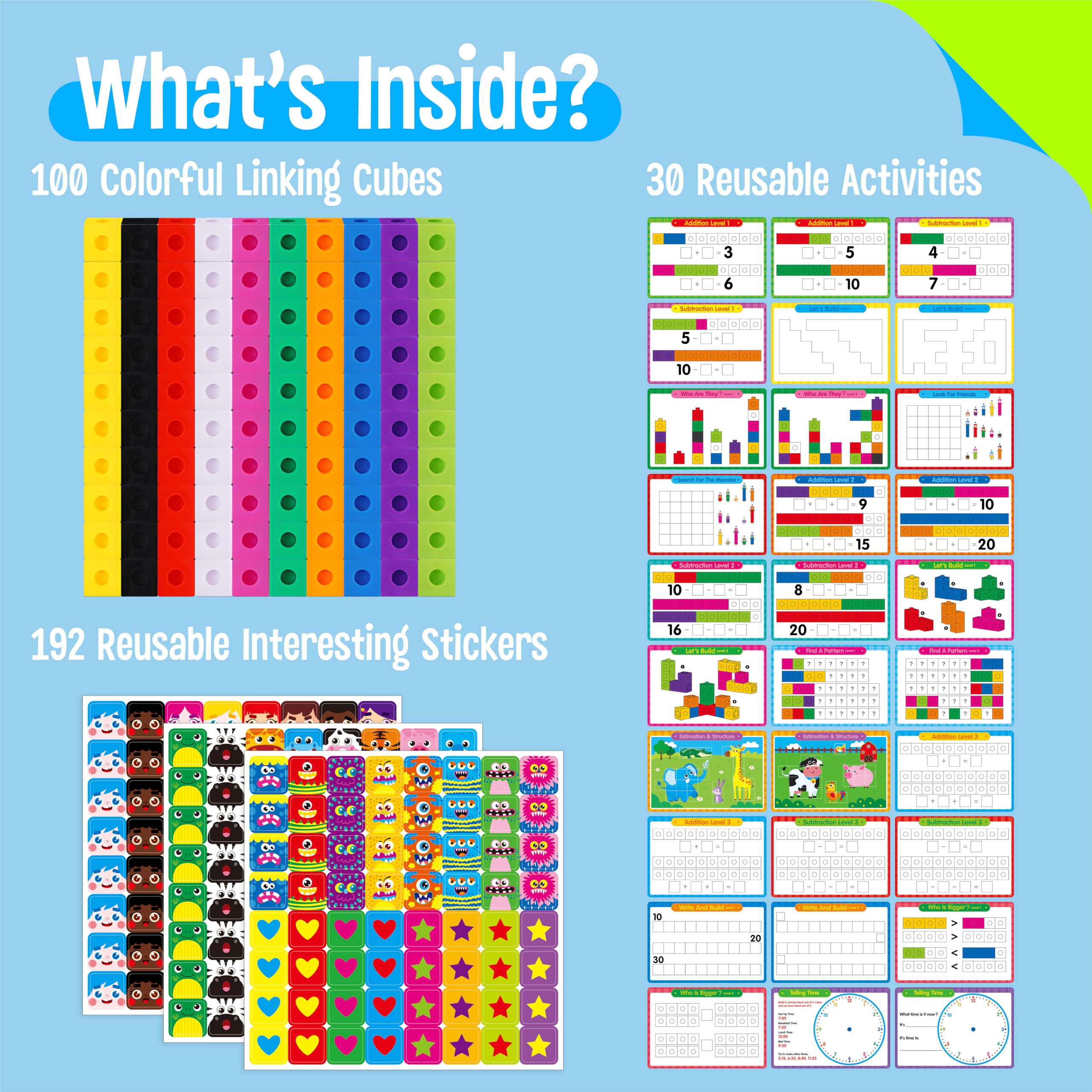 SpriteGru Math Linking Cubes – 100 Counting Blocks with Activity Cards & Stickers