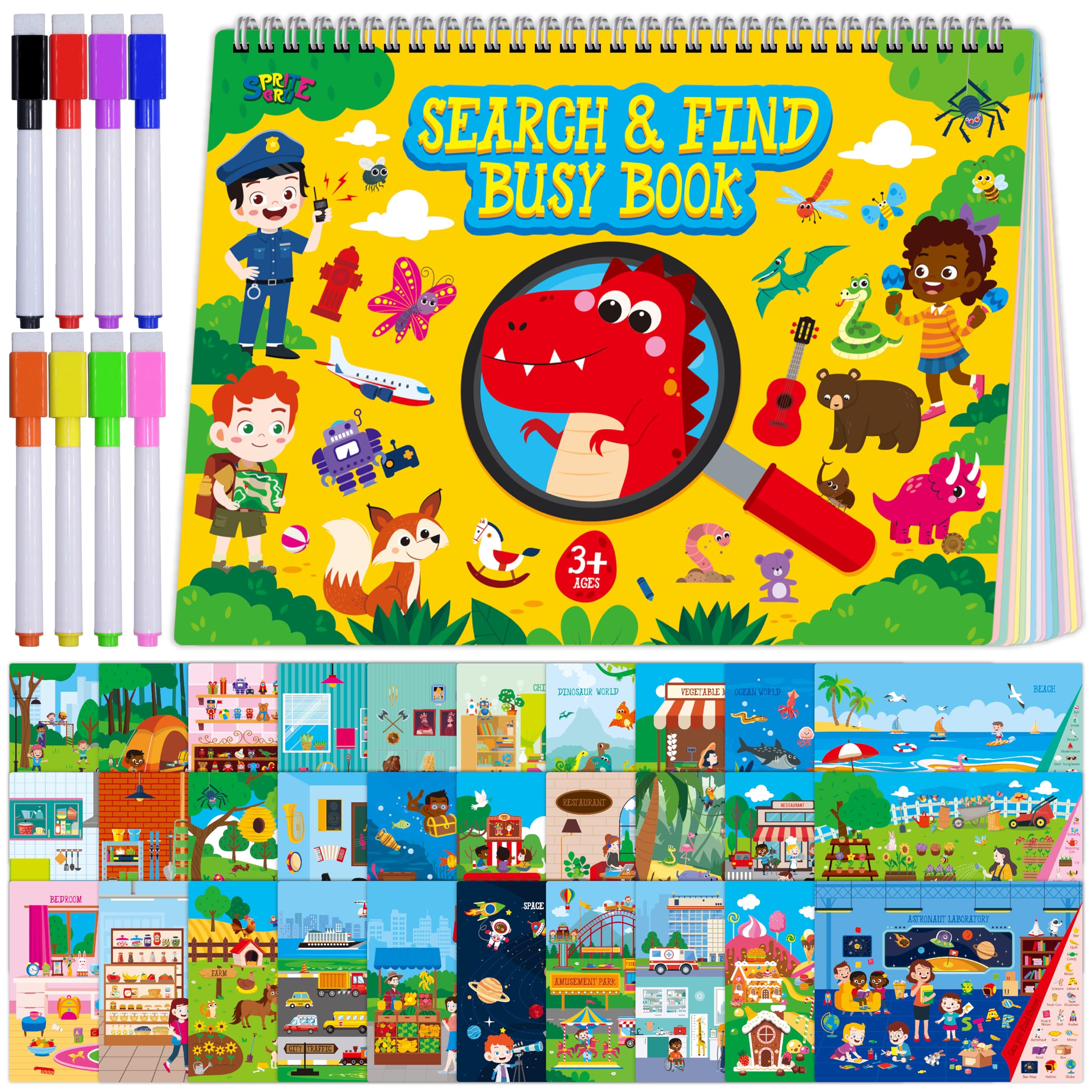 SpriteGru Search & Find Book - 30 Themes, 32 Pages, Reusable Activity Book for Kids Ages 3-6