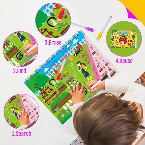 SpriteGru Search & Find Book - 30 Themes, 32 Pages, Reusable Activity Book for Kids Ages 3-6