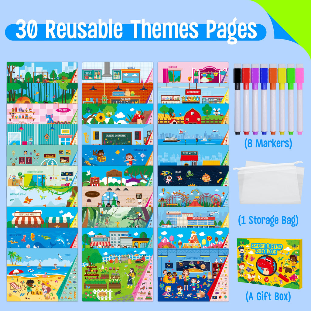 SpriteGru Search & Find Book - 30 Themes, 32 Pages, Reusable Activity Book for Kids Ages 3-6