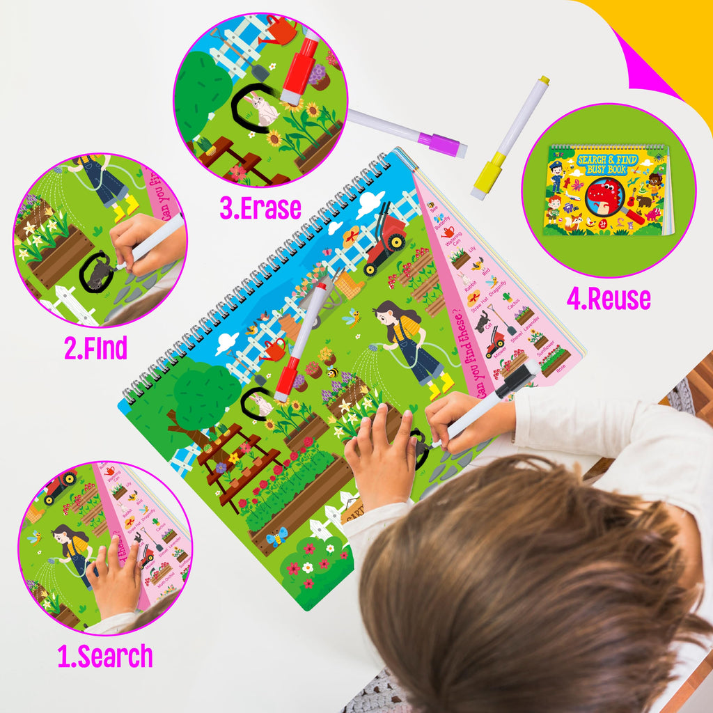 SpriteGru Search & Find Book - 30 Themes, 32 Pages, Reusable Activity Book for Kids Ages 3-6