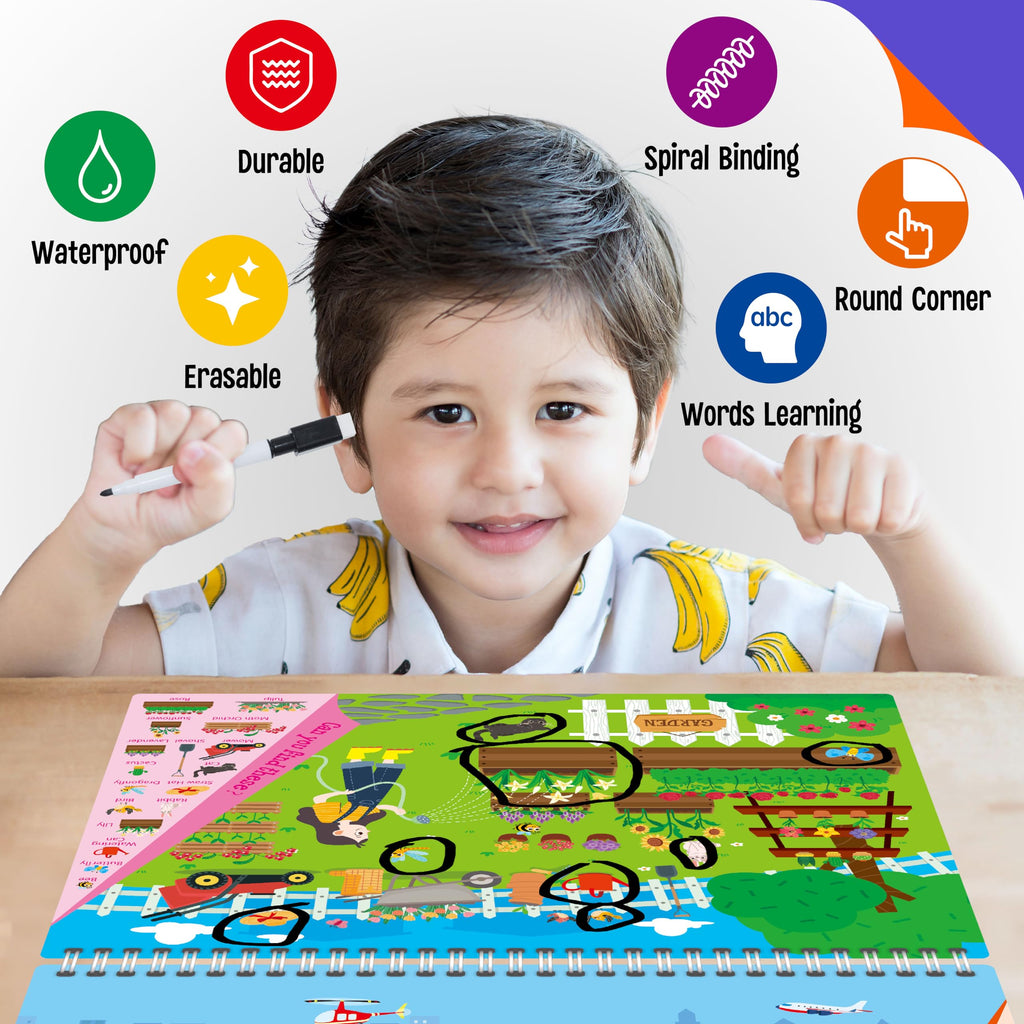 SpriteGru Search & Find Book - 30 Themes, 32 Pages, Reusable Activity Book for Kids Ages 3-6