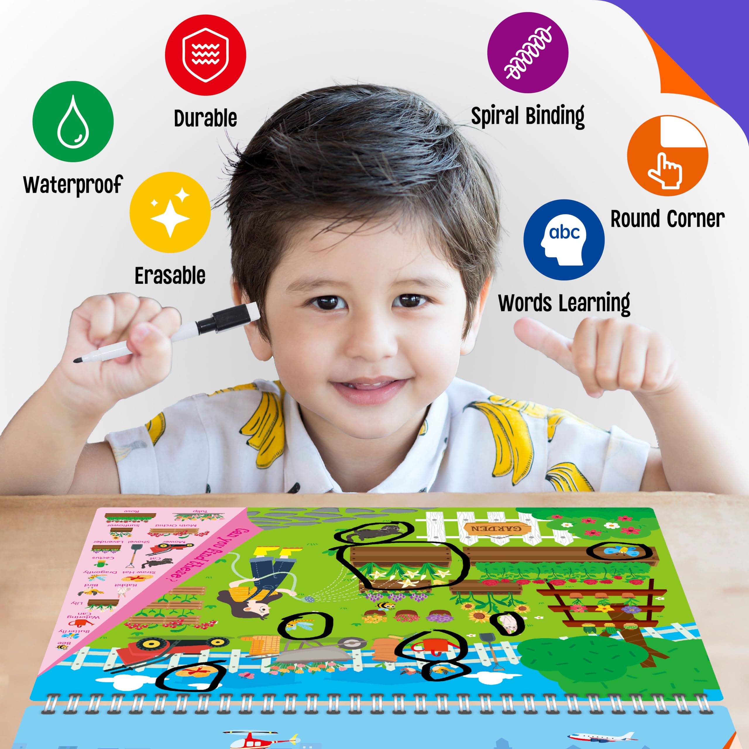 SpriteGru Search & Find Book - 30 Themes, 32 Pages, Reusable Activity Book for Kids Ages 3-6