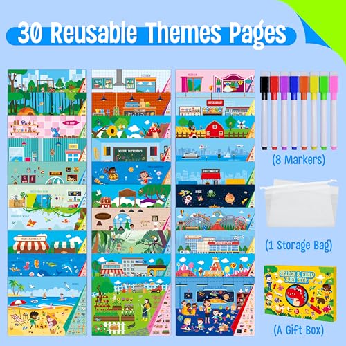 SpriteGru Search & Find Book - 30 Themes, 32 Pages, Reusable Activity Book for Kids Ages 3-6