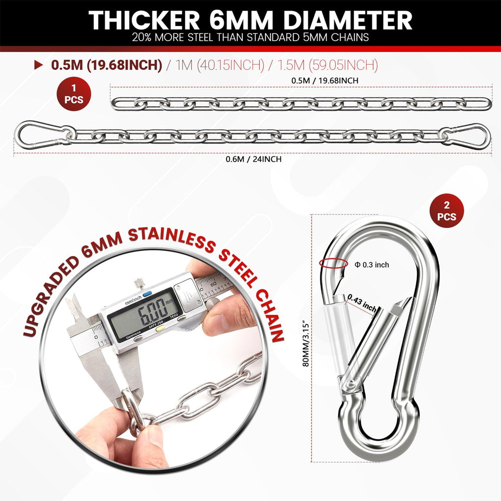 sprookber 1000LB Heavy Duty Hanging Chain 6mm 304 Stainless Steel with Carabiners - 25/45/67 inch for Hammock, Swing, Punching Bag