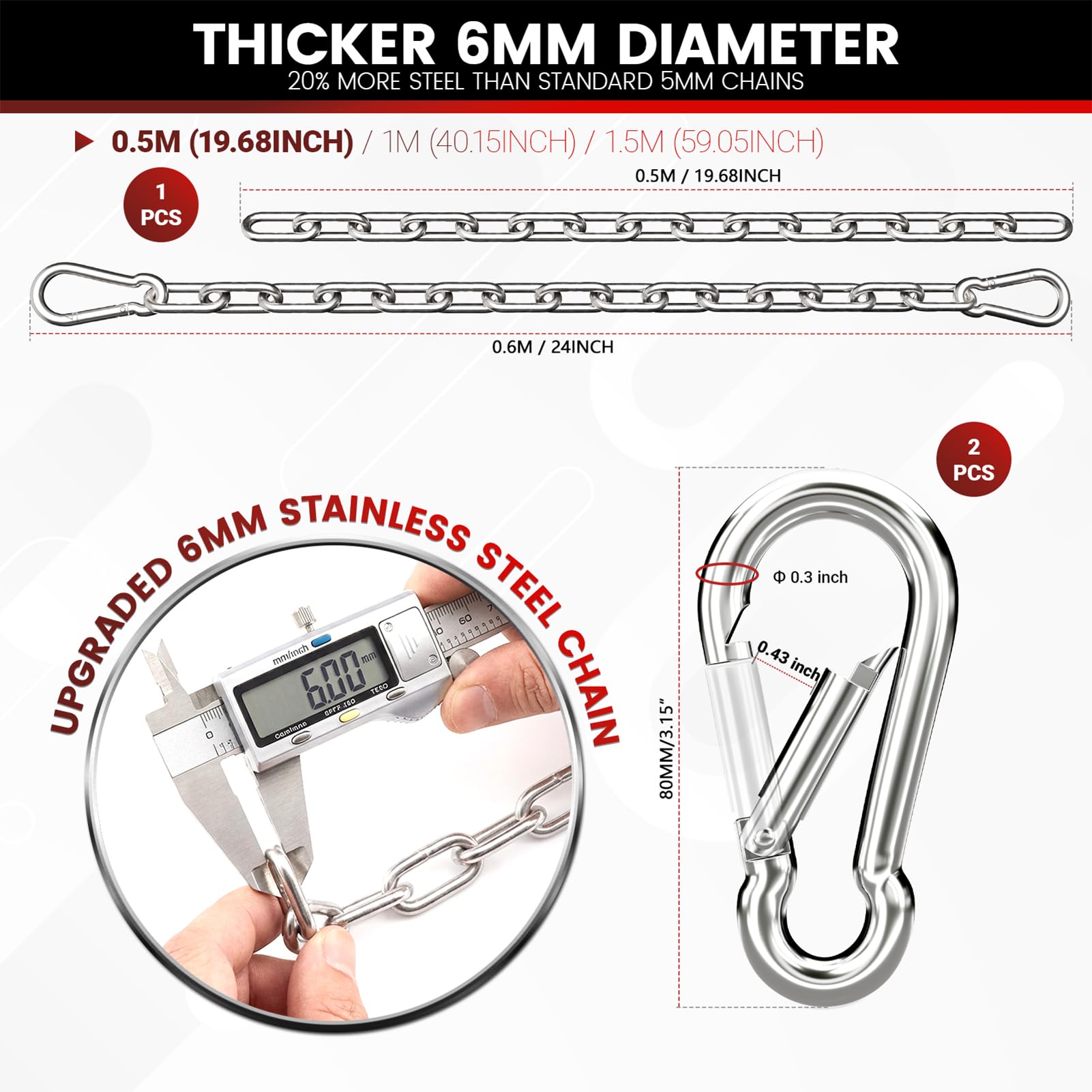sprookber 1000LB Heavy Duty Hanging Chain 6mm 304 Stainless Steel with Carabiners - 25/45/67 inch for Hammock, Swing, Punching Bag