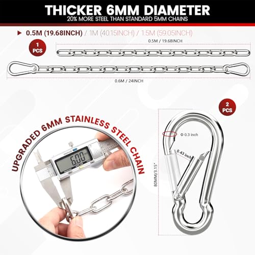 sprookber 1000LB Heavy Duty Hanging Chain 6mm 304 Stainless Steel with Carabiners - 25/45/67 inch for Hammock, Swing, Punching Bag