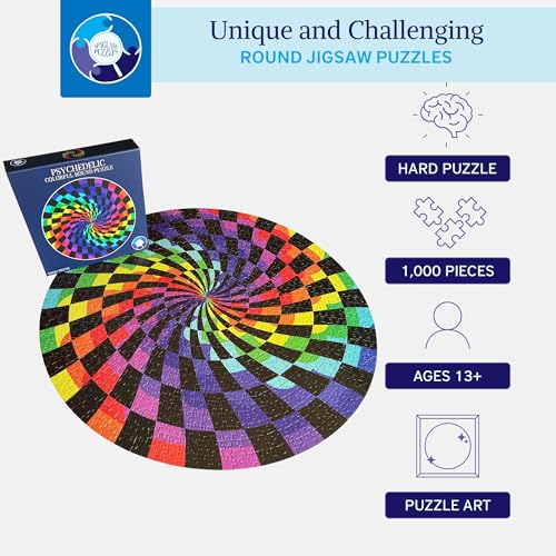Spyglass Puzzles 1000-Piece Round Jigsaw – Hard Trippy Rainbow Puzzle for Adults & Teens 13+