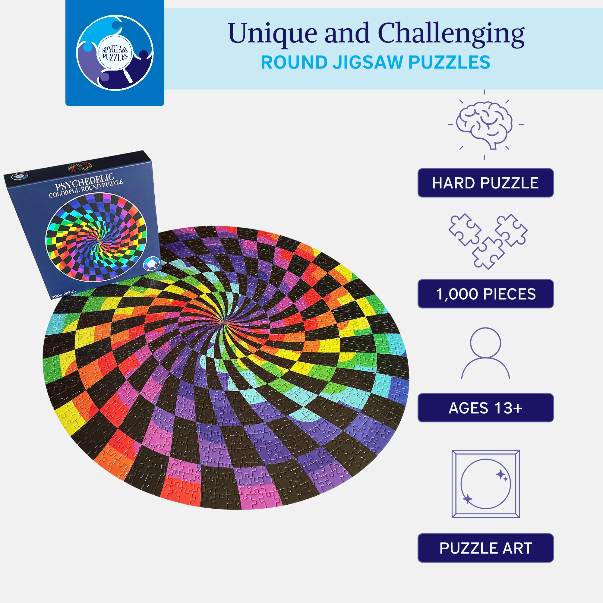 Spyglass Puzzles 1000-Piece Round Jigsaw – Hard Trippy Rainbow Puzzle for Adults & Teens 13+
