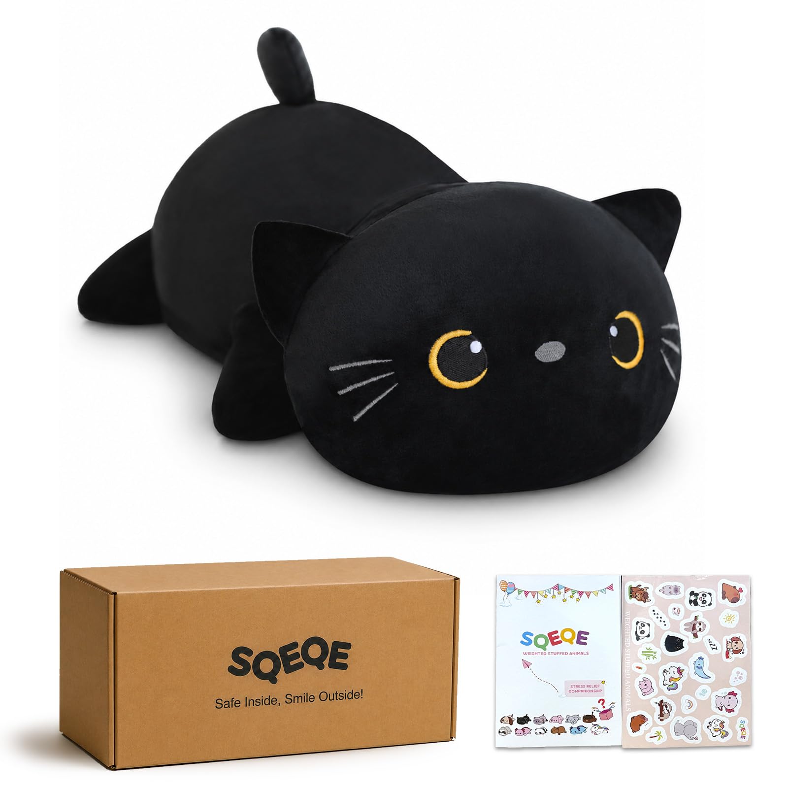 SQEQE Weighted Black Cat Plush, 9.8 Inch – Soft Stuffed Animal That Unfolds into a Pillow (0.8 lbs)
