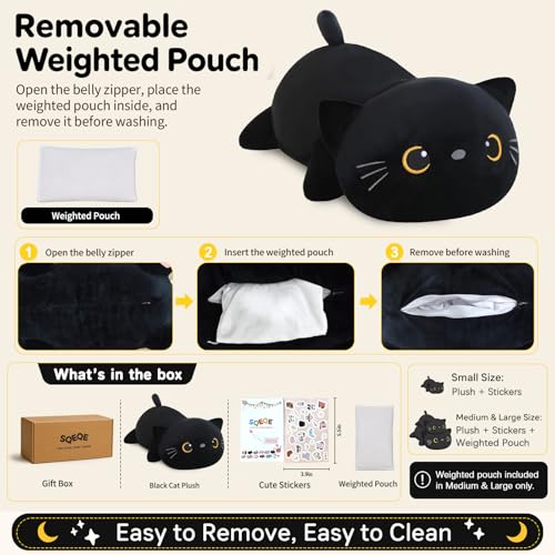 SQEQE Weighted Black Cat Plush, 9.8 Inch – Soft Stuffed Animal That Unfolds into a Pillow (0.8 lbs)