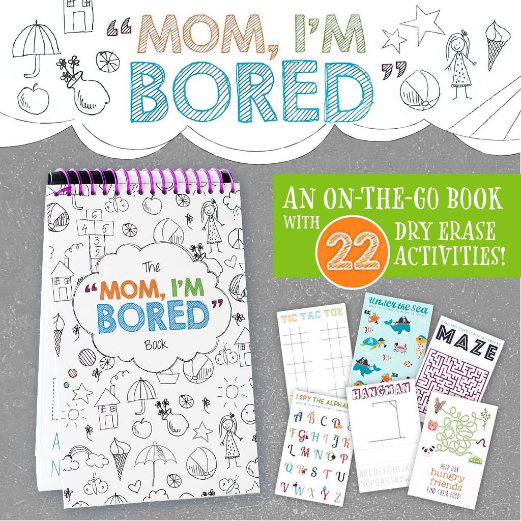 Squirrel Products Mom I'm Bored Activity Book - Reusable Dry Erase Travel Games for Kids Ages 3+