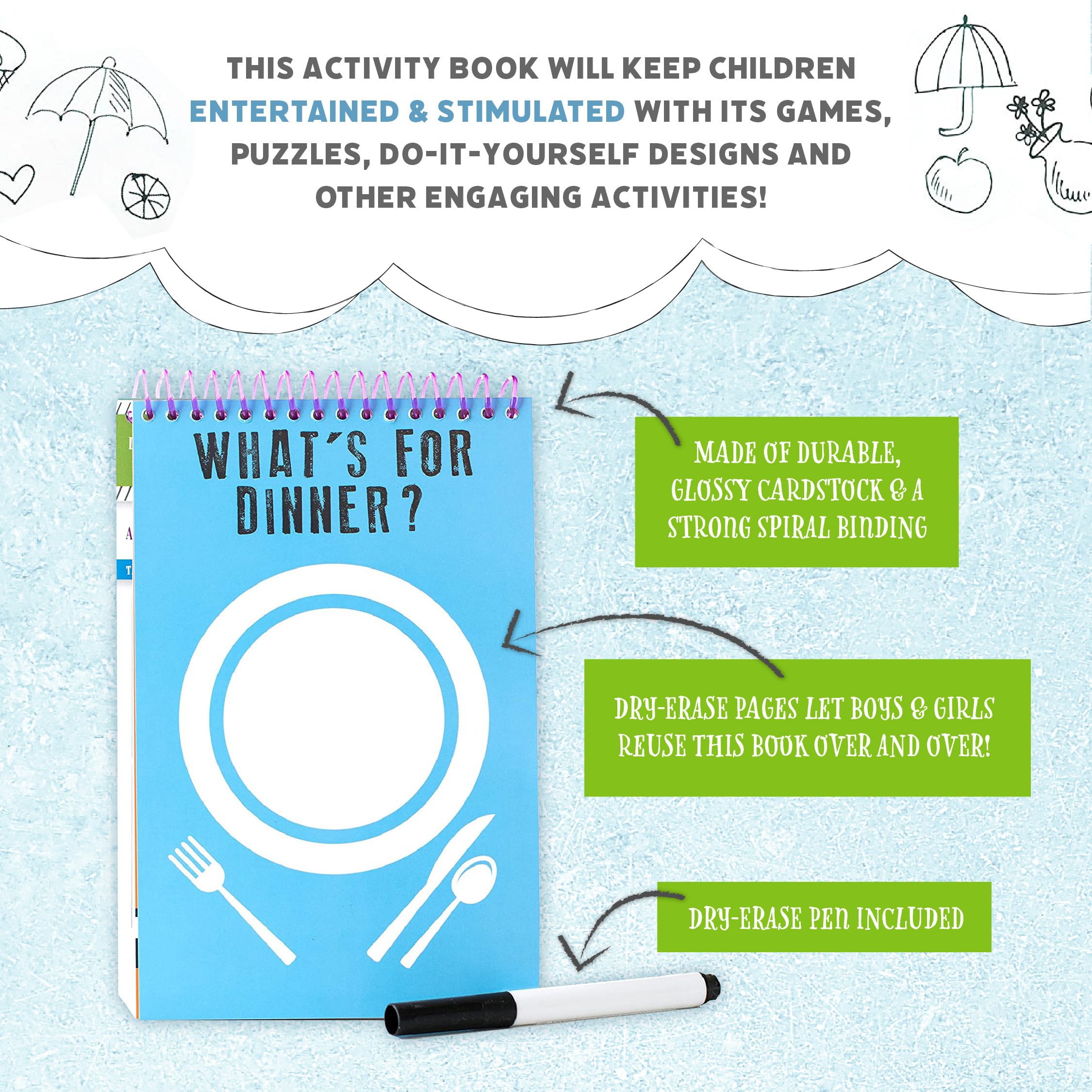 Squirrel Products Mom I'm Bored Activity Book - Reusable Dry Erase Travel Games for Kids Ages 3+
