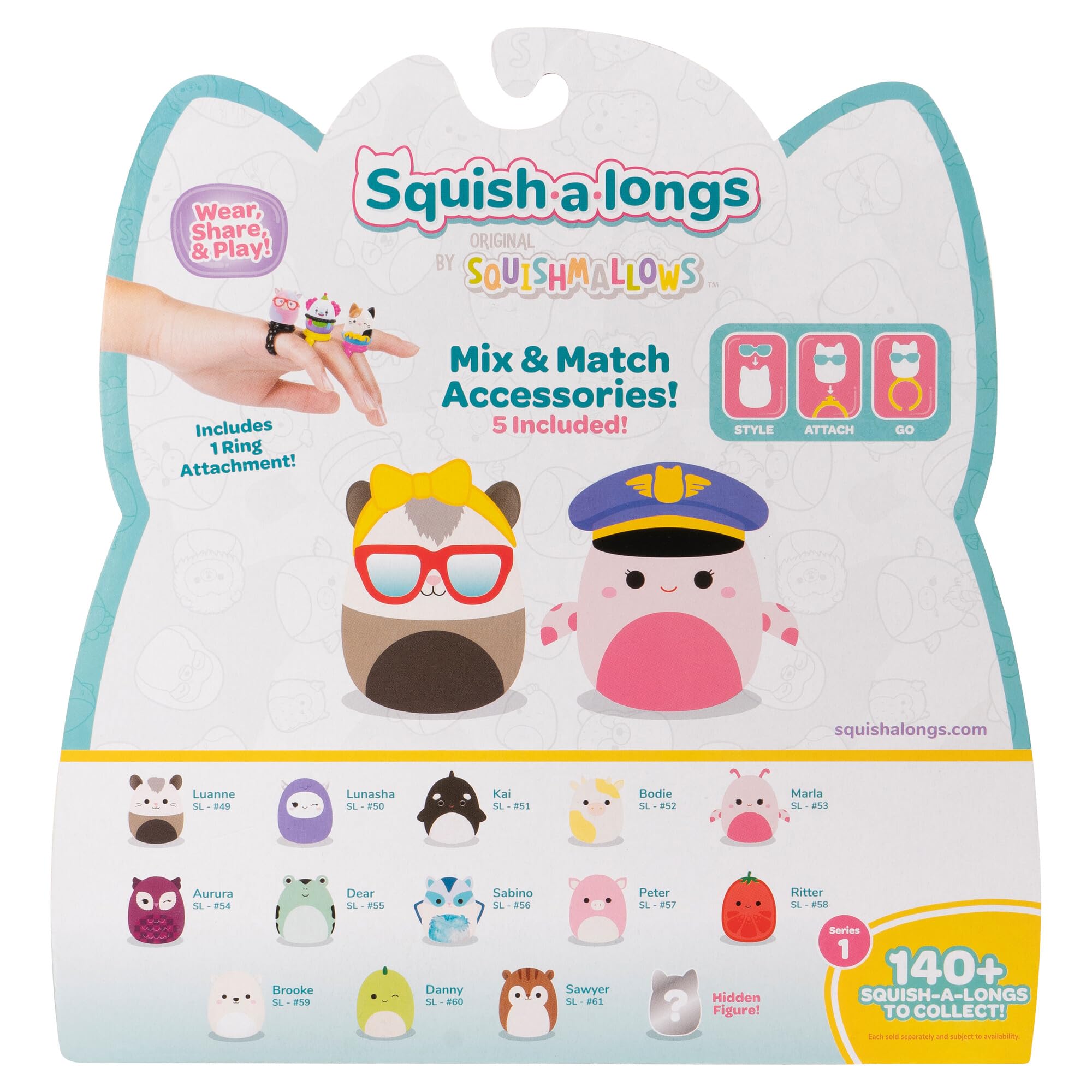 Squish-a-longs 14 Pack Mini-Squish with Accessories, Ring, and Collector's Guide - Collectible 1-Inch Toys