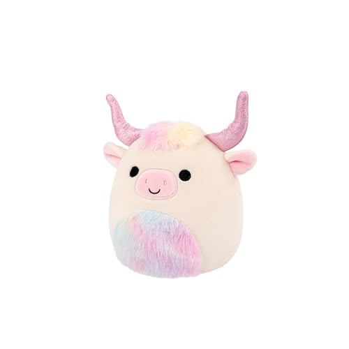 Squishmallows Dagnus 5-Inch Plush: Tan Highland Cow with Rainbow Tie-Dye Belly – Official Jazwares