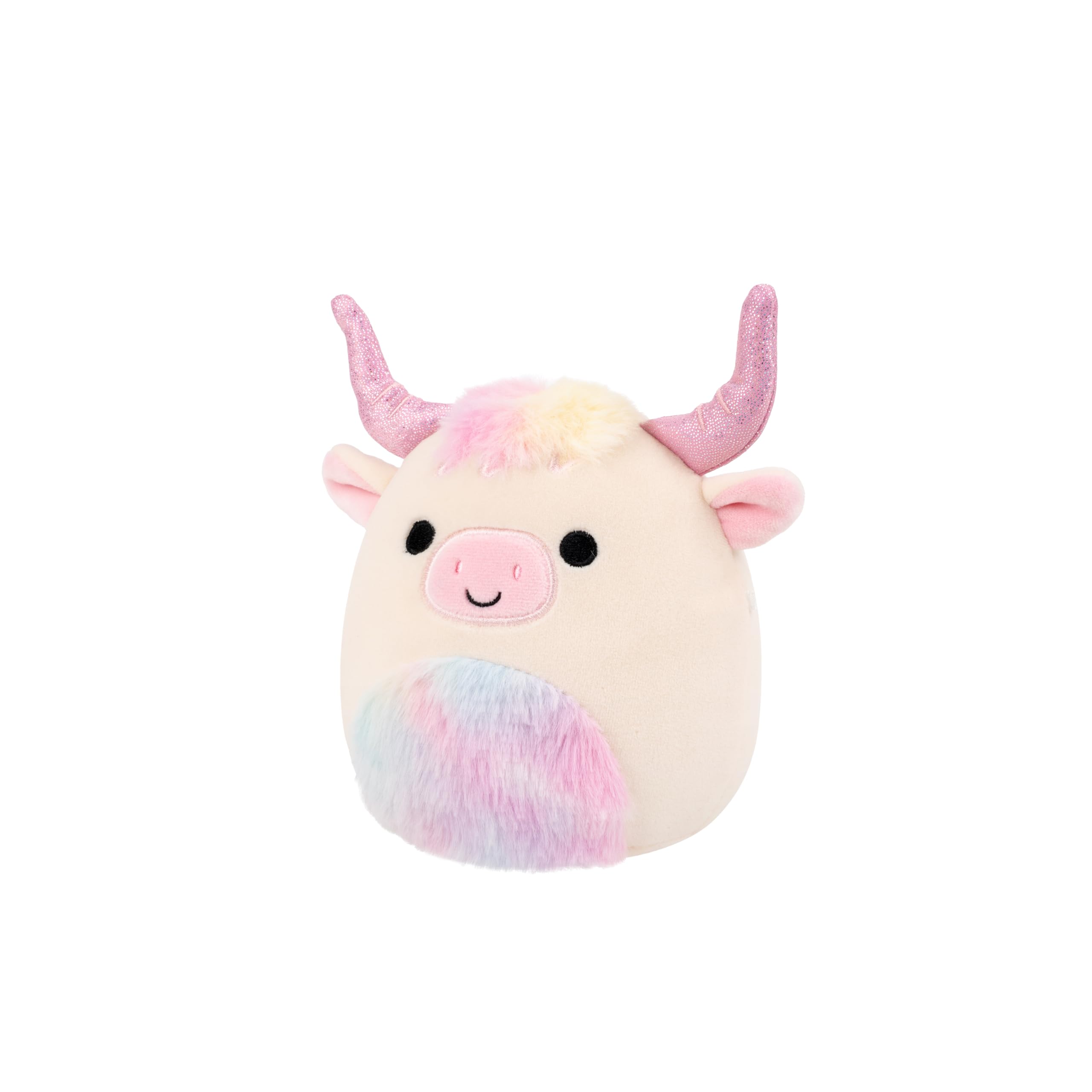 Squishmallows Dagnus 5-Inch Plush: Tan Highland Cow with Rainbow Tie-Dye Belly – Official Jazwares