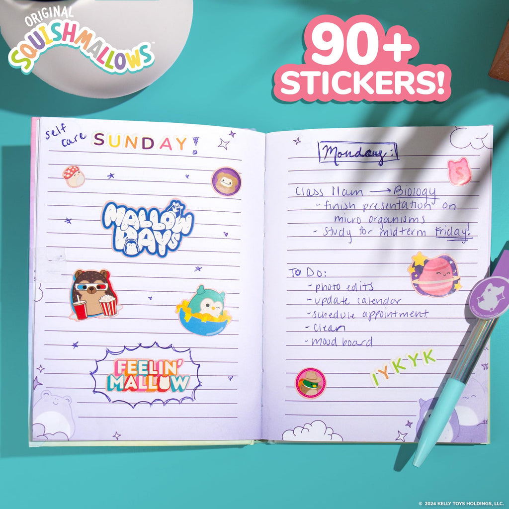 Squishmallows Squishy Diary Set with Pen and Stickers, 5x7 Journal for Kids