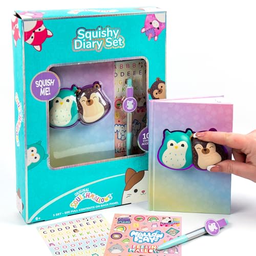Squishmallows Squishy Diary Set with Pen and Stickers, 5x7 Journal for Kids