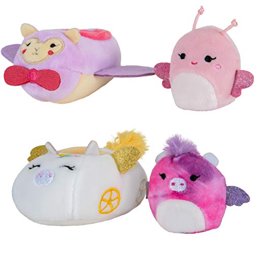 Squishville Mini-Squishmallows Pack: Maribel in Plane & Willow in Carriage, 2-Inch Soft Plush with Vehicles