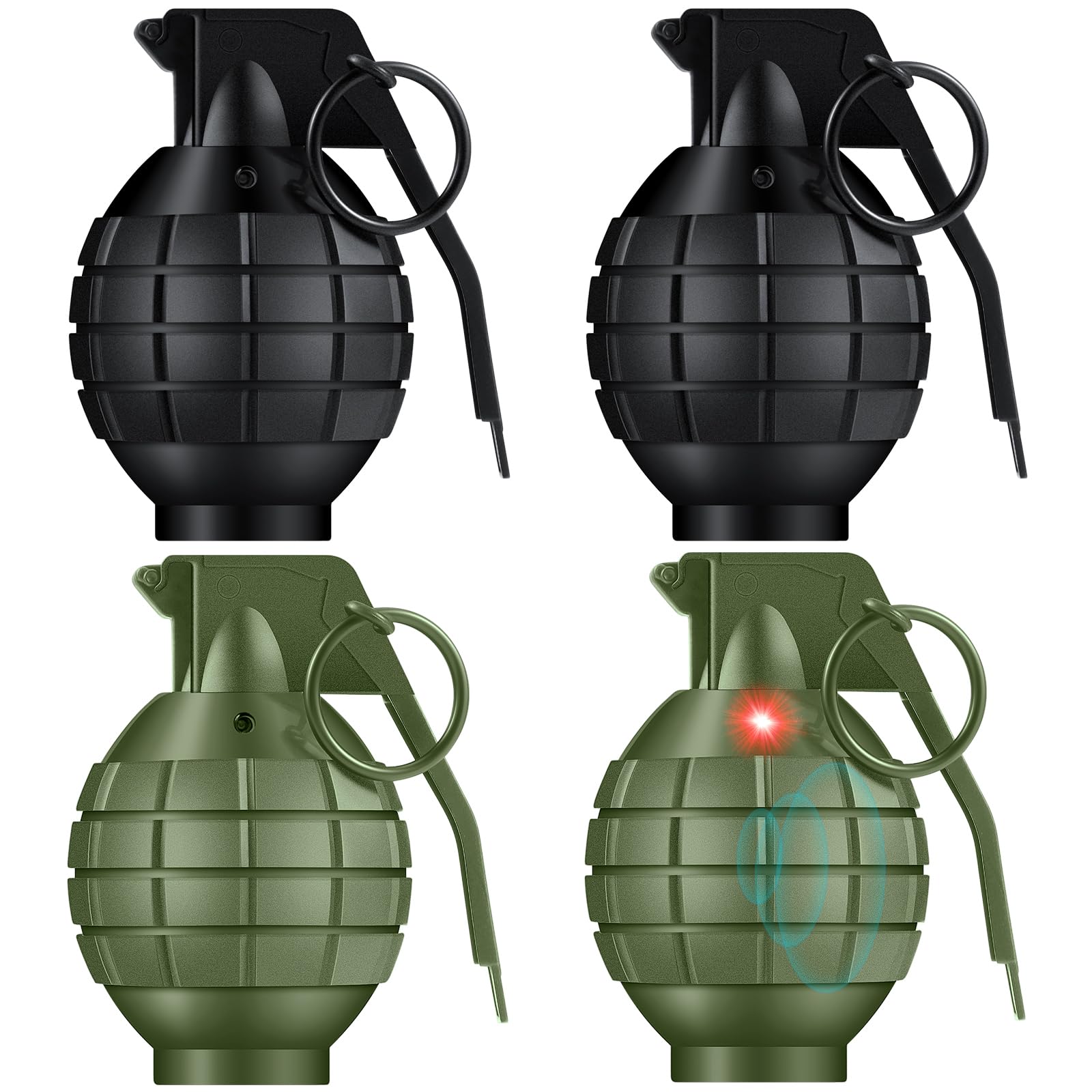 Sratte 4-Pack Toy Hand Grenades with Realistic Sound & LED Flashing Lights – Plastic Fake Grenades for Army Role Play, Green & Black