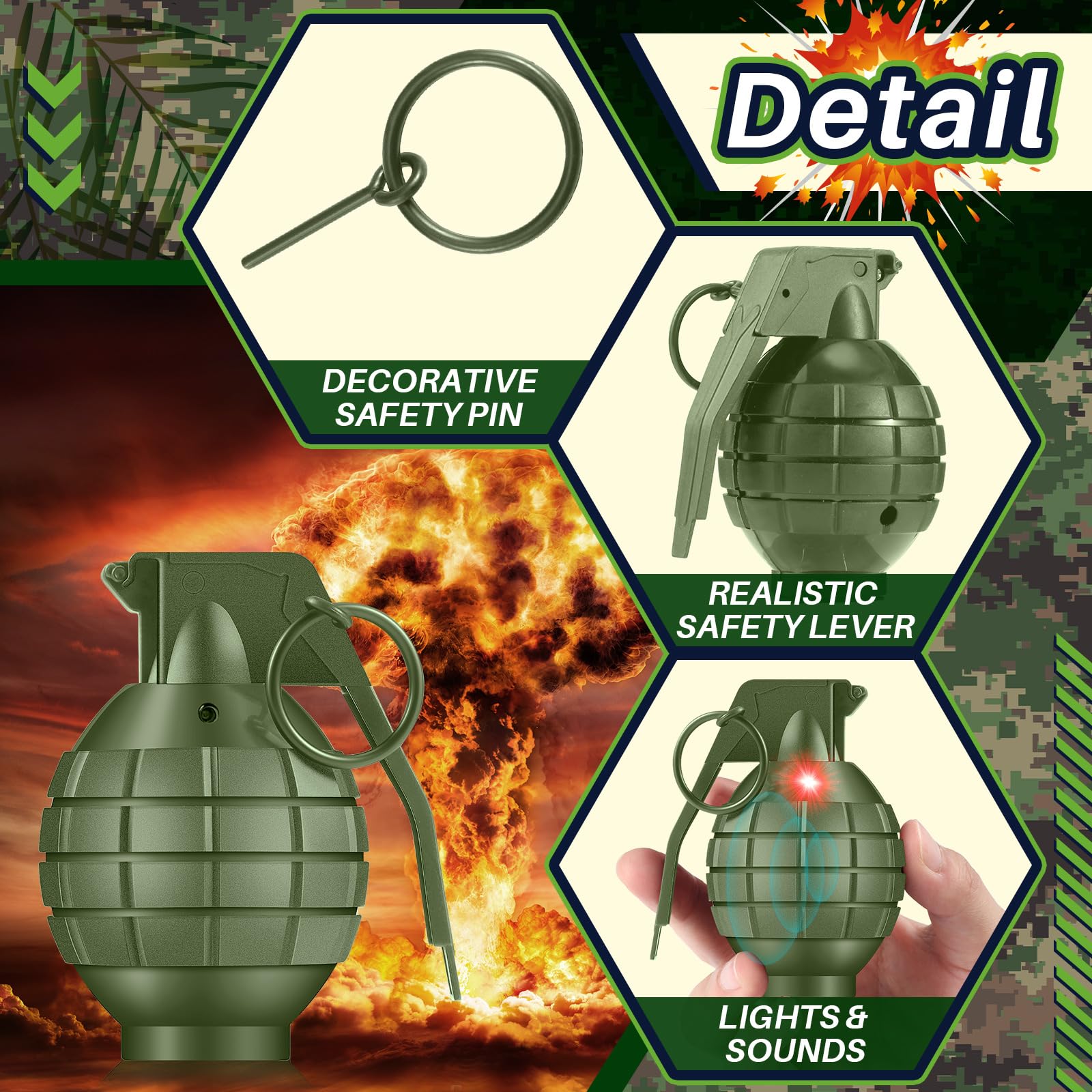 Sratte 4-Pack Toy Hand Grenades with Realistic Sound & LED Flashing Lights – Plastic Fake Grenades for Army Role Play, Green & Black