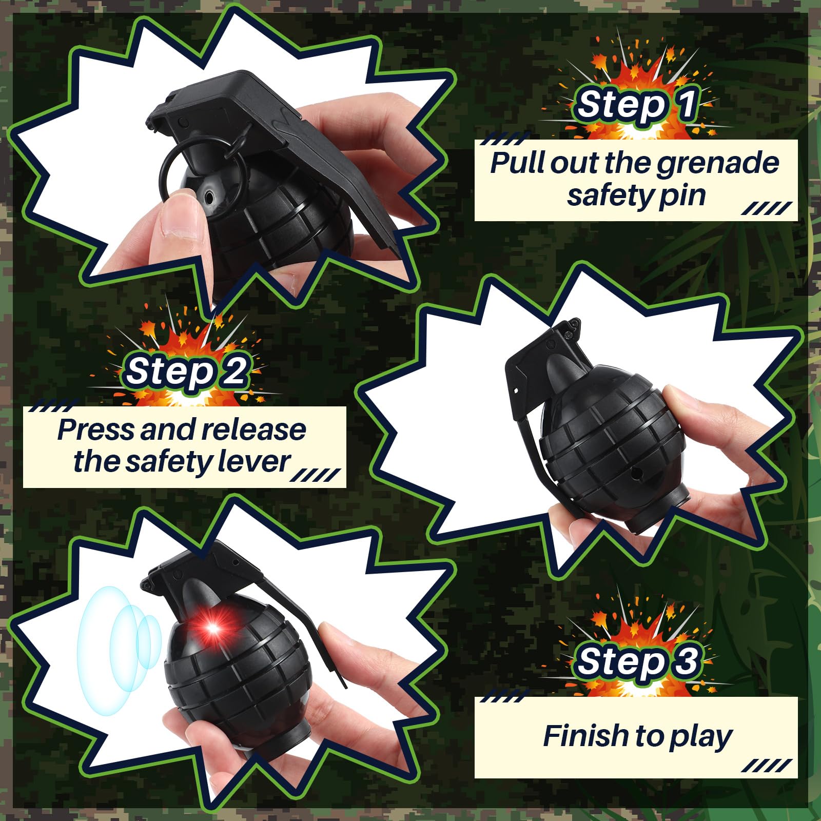 Sratte 4-Pack Toy Hand Grenades with Realistic Sound & LED Flashing Lights – Plastic Fake Grenades for Army Role Play, Green & Black