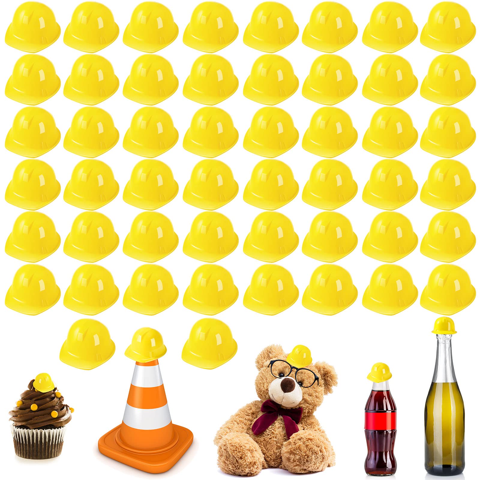 Sratte 50-Pack Mini Construction Hats – Plastic Toy Hard Hats for Party Decor, Dolls, DIY Crafts, and Bottle Toppers