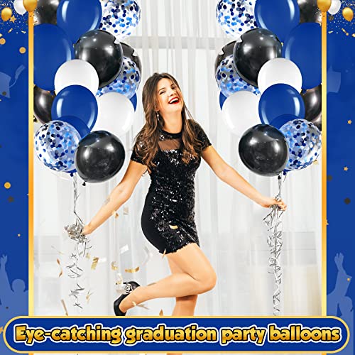 Sratte 60-Pack 12-Inch Black, Blue & White Balloons Kit with Confetti and Ribbon for Graduation, Back to School Parties