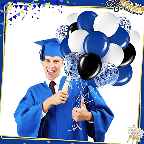Sratte 60-Pack 12-Inch Black, Blue & White Balloons Kit with Confetti and Ribbon for Graduation, Back to School Parties