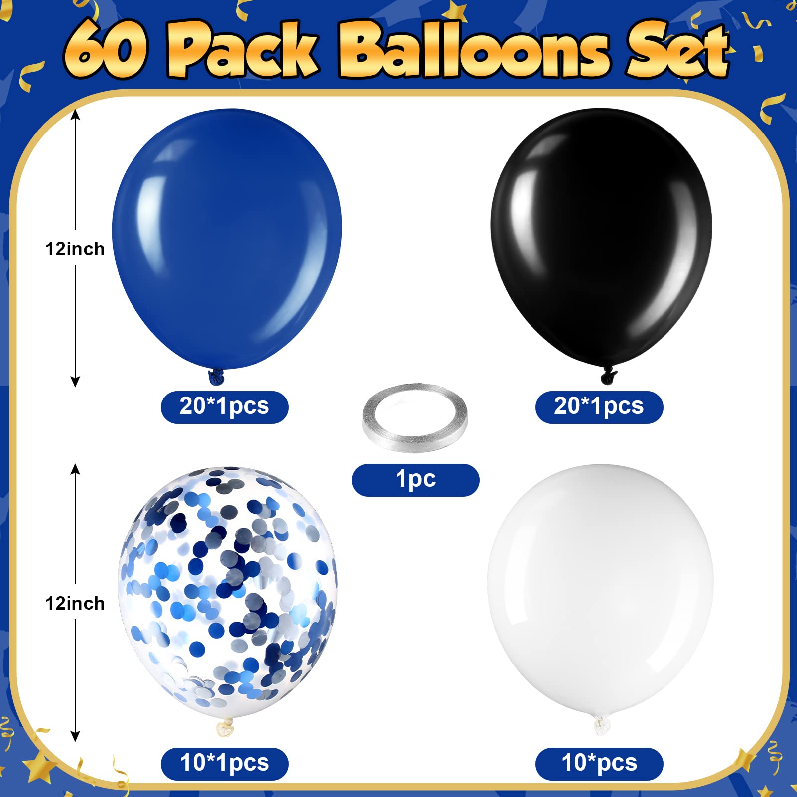 Sratte 60-Pack 12-Inch Black, Blue & White Balloons Kit with Confetti and Ribbon for Graduation, Back to School Parties