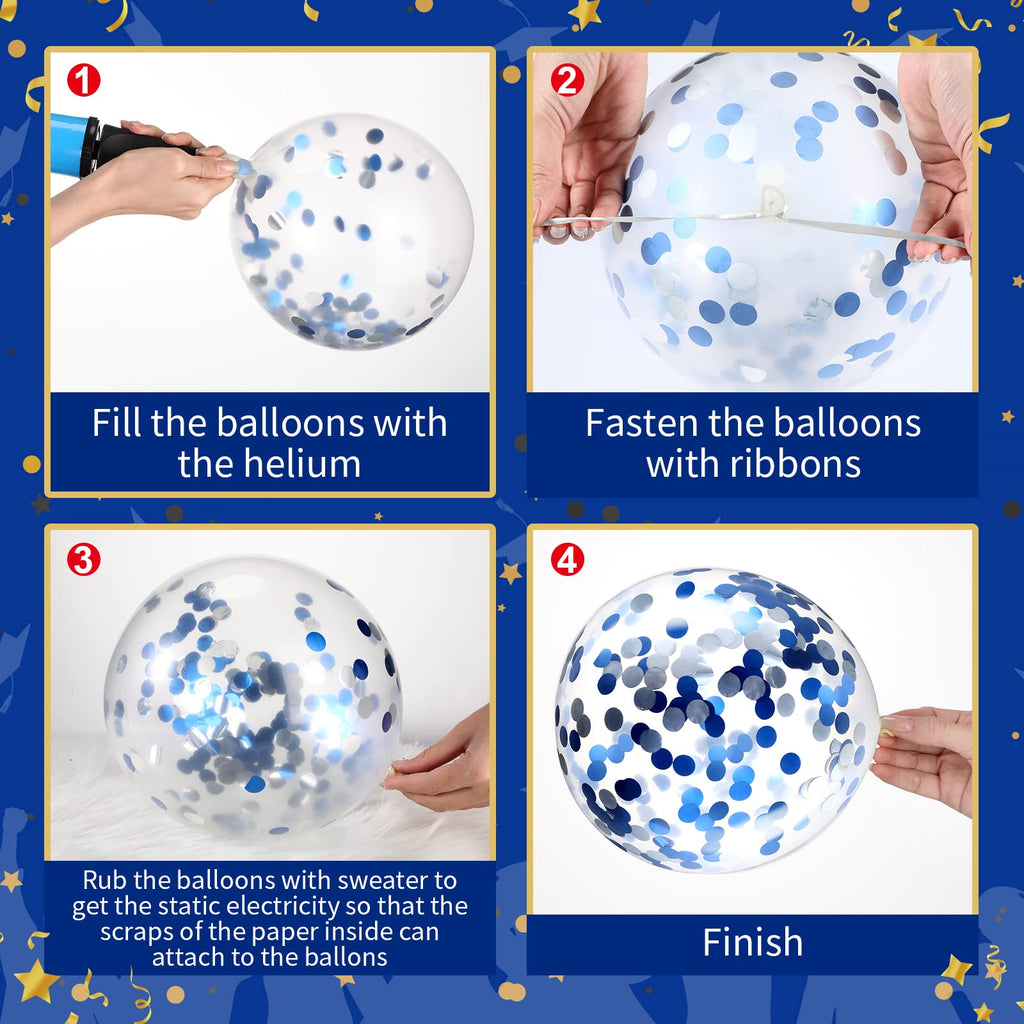 Sratte 60-Pack 12-Inch Black, Blue & White Balloons Kit with Confetti and Ribbon for Graduation, Back to School Parties