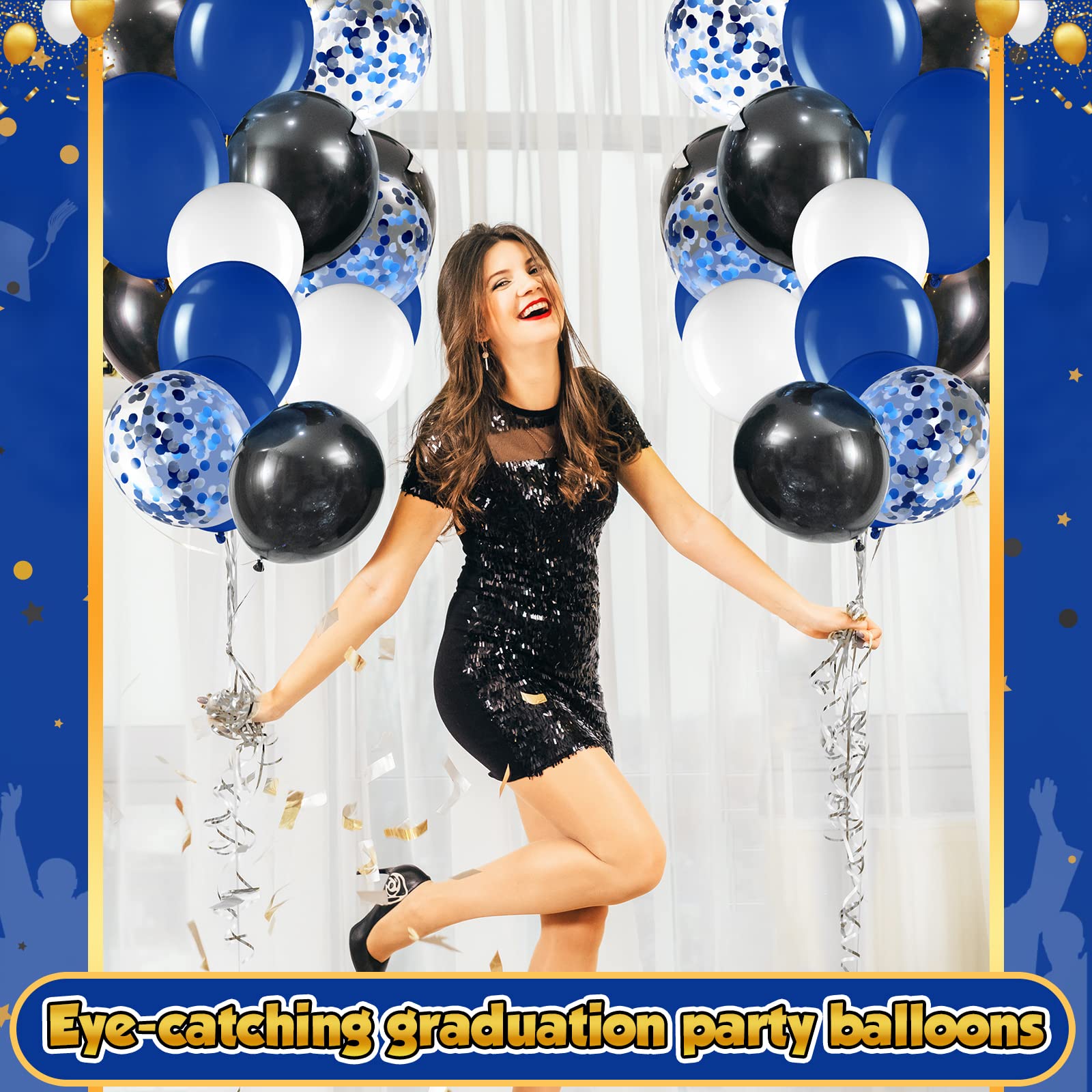 Sratte 60-Pack 12-Inch Black, Blue & White Balloons Kit with Confetti and Ribbon for Graduation, Back to School Parties