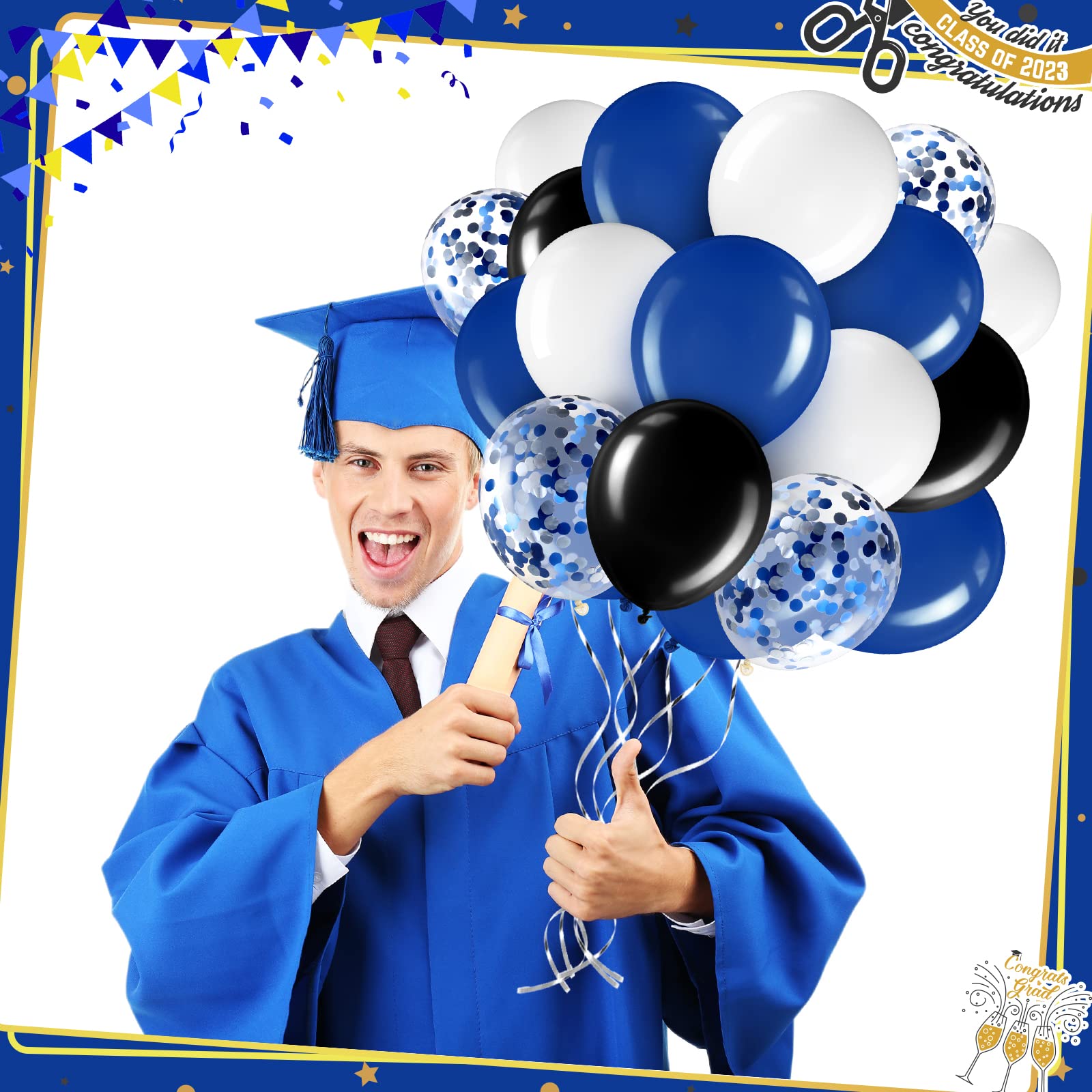 Sratte 60-Pack 12-Inch Black, Blue & White Balloons Kit with Confetti and Ribbon for Graduation, Back to School Parties